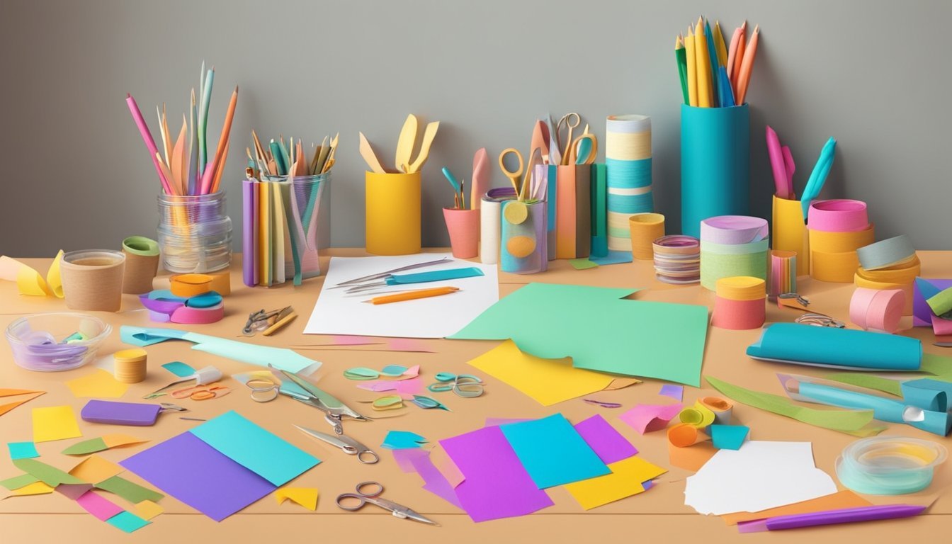 A table with colorful paper, scissors, glue, and various craft supplies scattered around.</p><p>Completed craft projects displayed on the wall