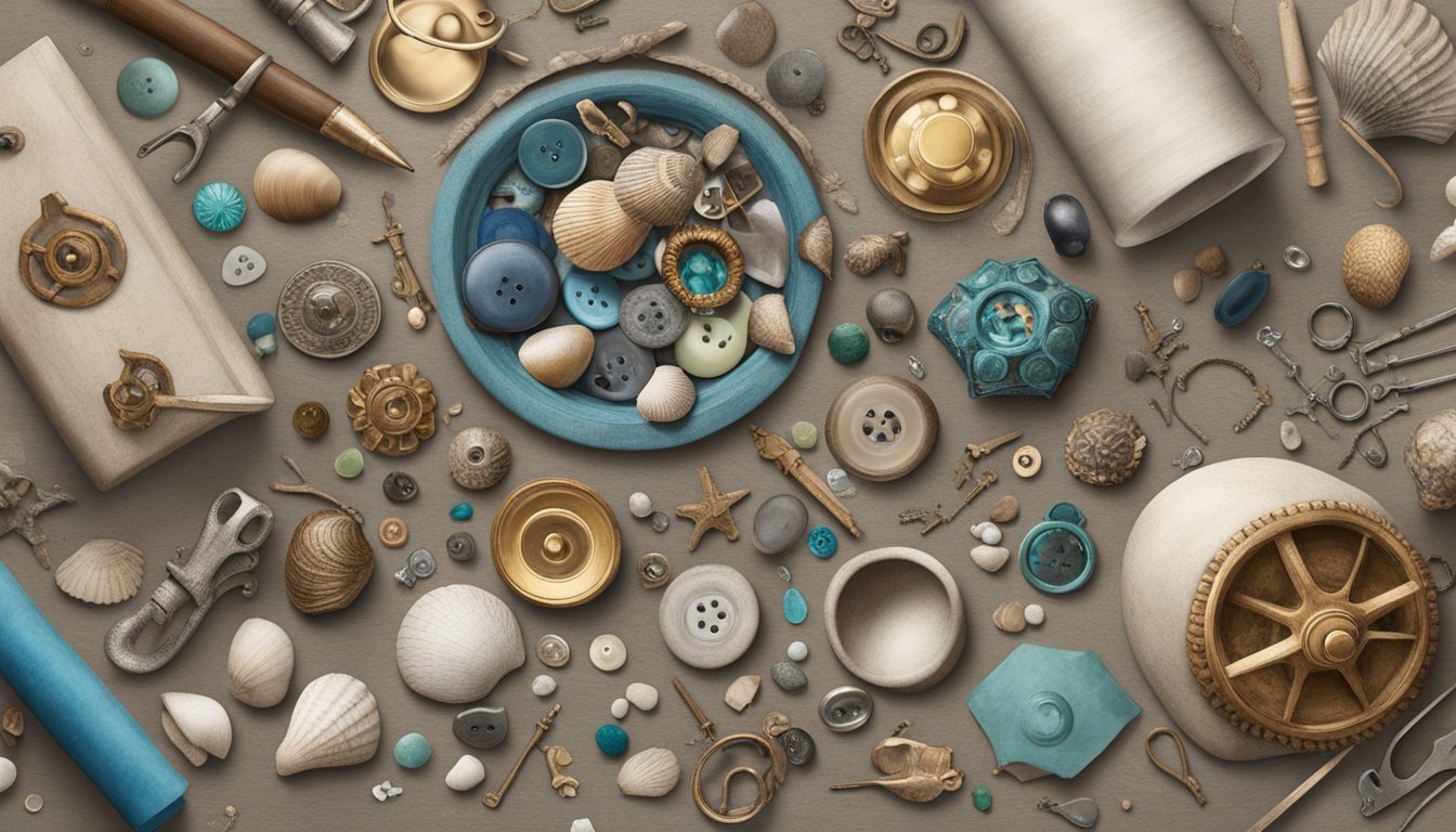 A collection of found objects arranged on a table, including seashells, old keys, and vintage buttons, surrounded by art supplies and a blank canvas