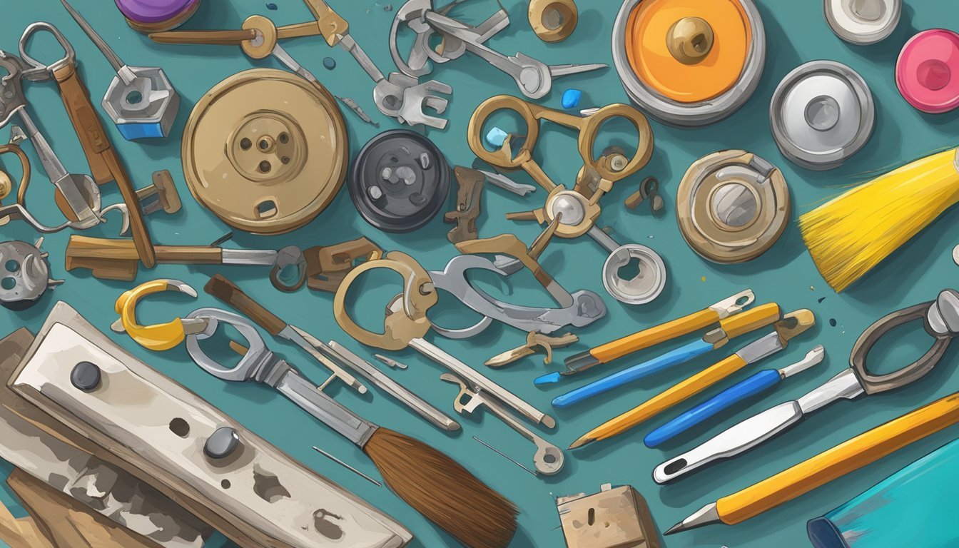 A cluttered work table with various found objects such as old keys, buttons, and broken toys, arranged alongside art supplies like paint, brushes, and glue