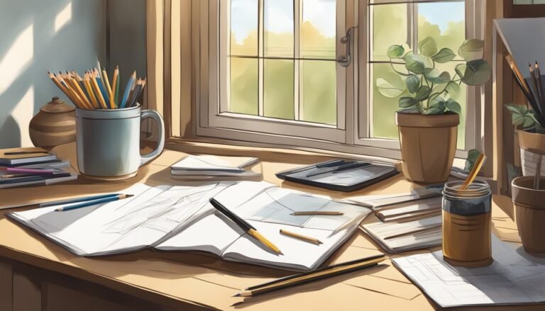Desk with pencils, drawings, and a plant by a window