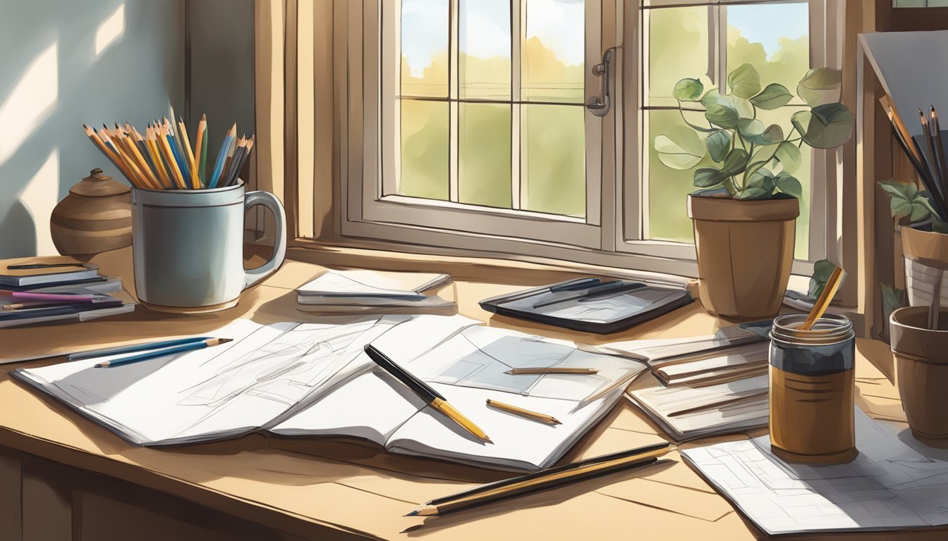 Desk with pencils, drawings, and a plant by a window