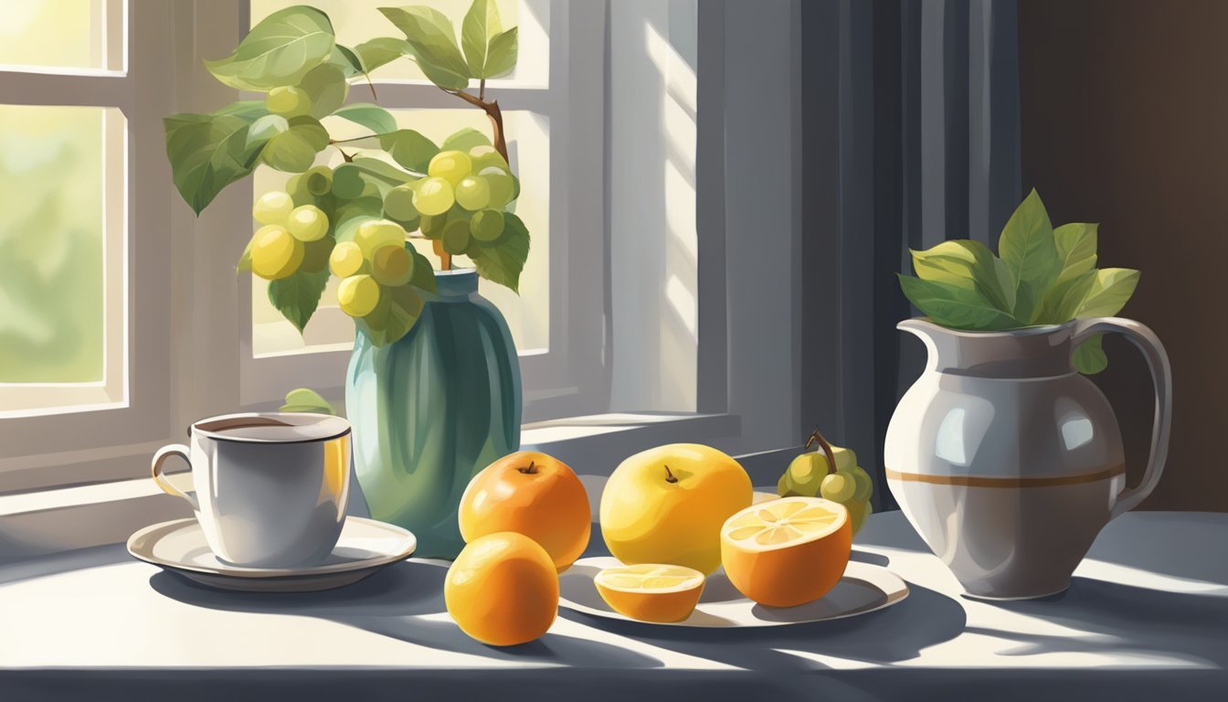 A table with a mug, fruit, book, and vase.</p><p>Light from a window casts shadows on the objects