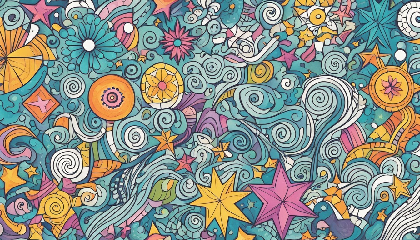 A colorful assortment of doodles, including stars, swirls, and geometric shapes, fill the page in a playful and engaging pattern