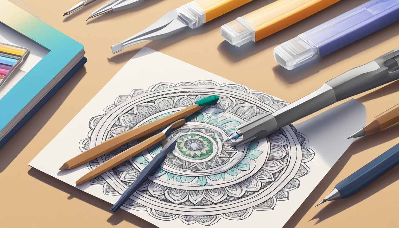 A mandala drawing kit with various tools and paper spread out on a clean, well-lit table
