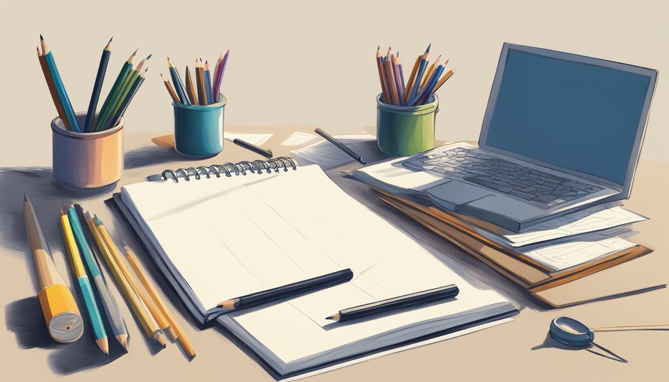 A table with various drawing supplies scattered on top, including pencils, erasers, and a sketchbook.</p><p>A lamp provides warm light, casting shadows on the table