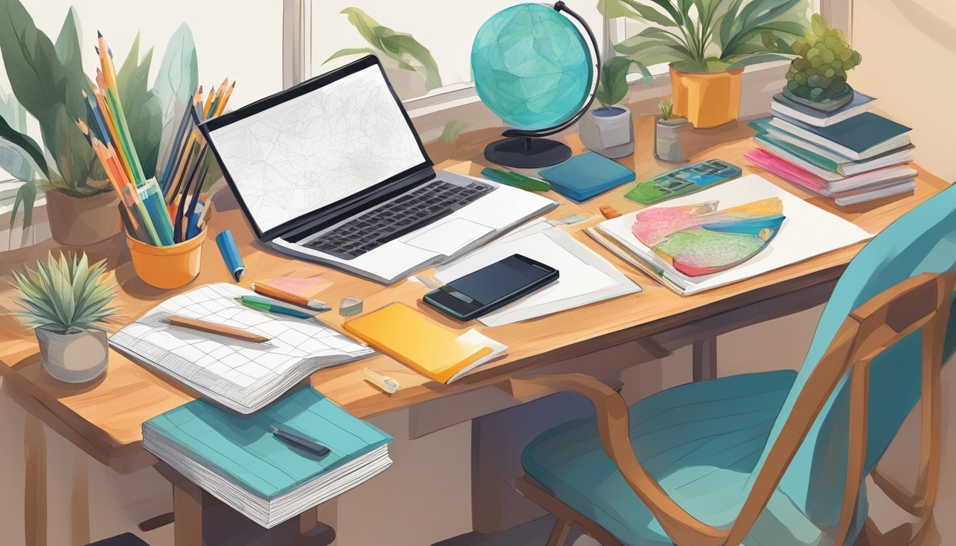 A cluttered desk with pencils, erasers, sketchbooks, and various art supplies scattered around.</p><p>A simple drawing of a flower, a fruit, and a landscape are displayed