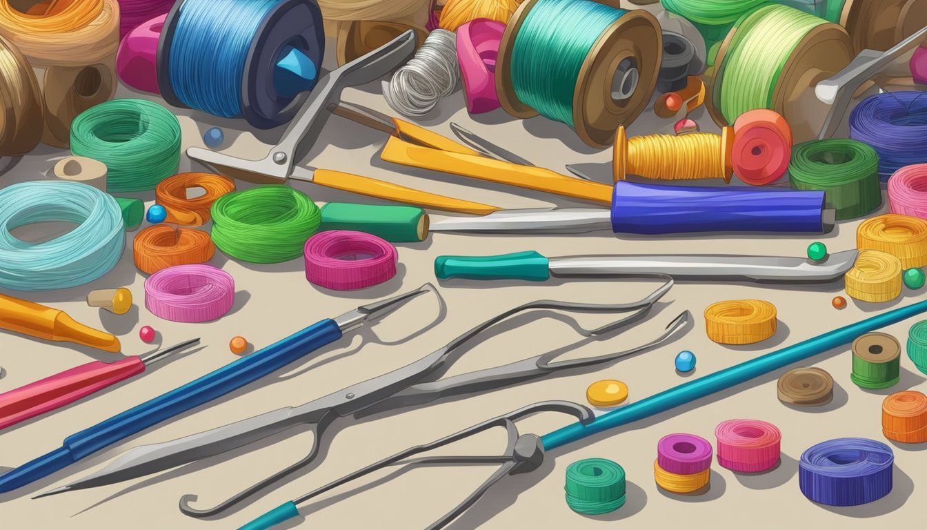 A work surface with colorful beads and spools of wire, alongside tools like pliers and cutters, ready for DIY jewelry making