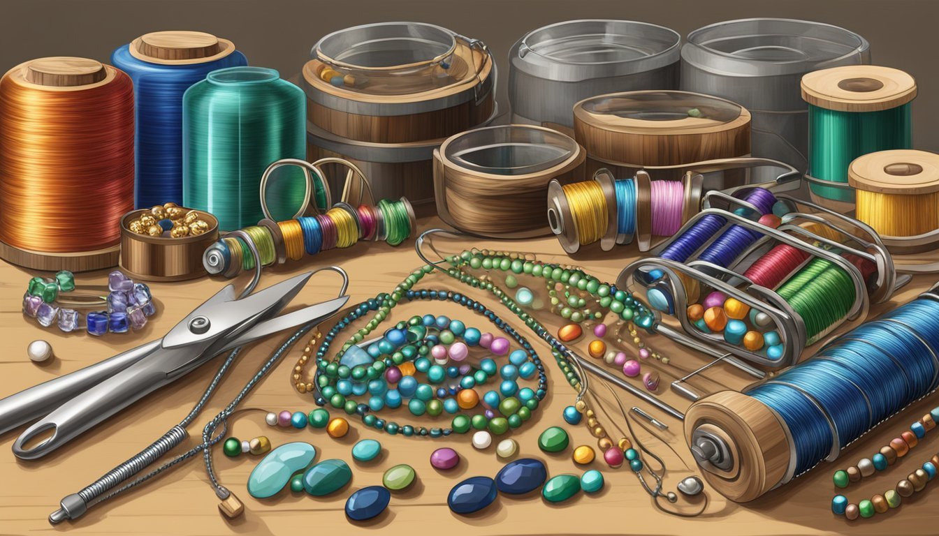 A table with glass, metal, and wood beads arranged next to spools of wire and jewelry-making tools