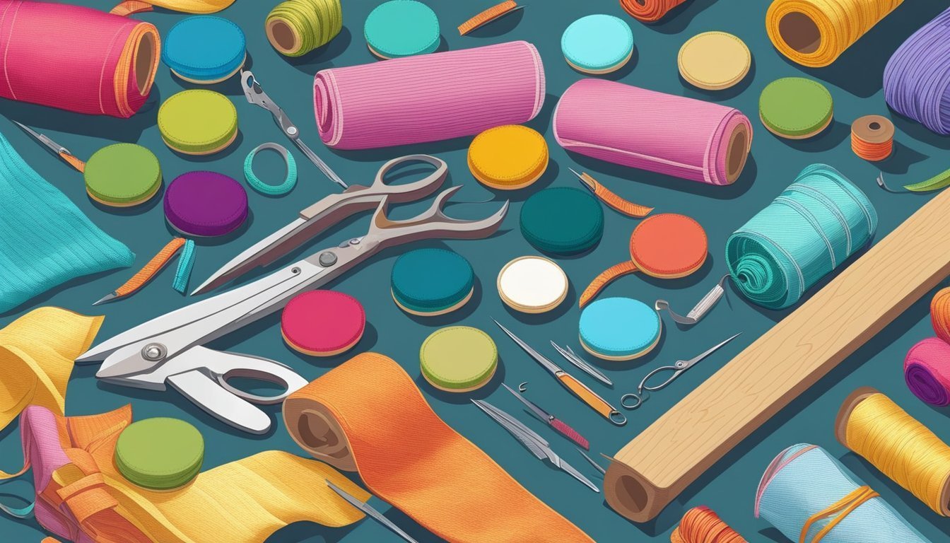 Sewing supplies: fabric rolls, thread spools, scissors, and colorful buttons on a table