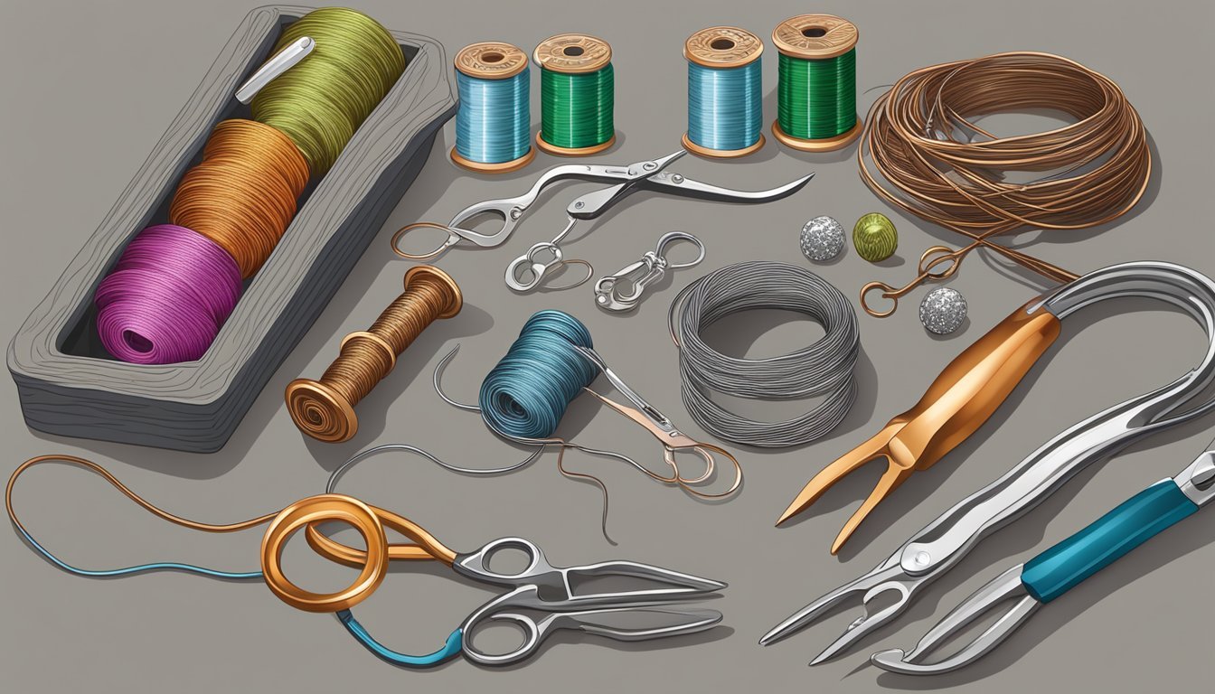 A table with beads, pliers, and two spools of wire - one copper, one silver - laid out for making DIY jewelry