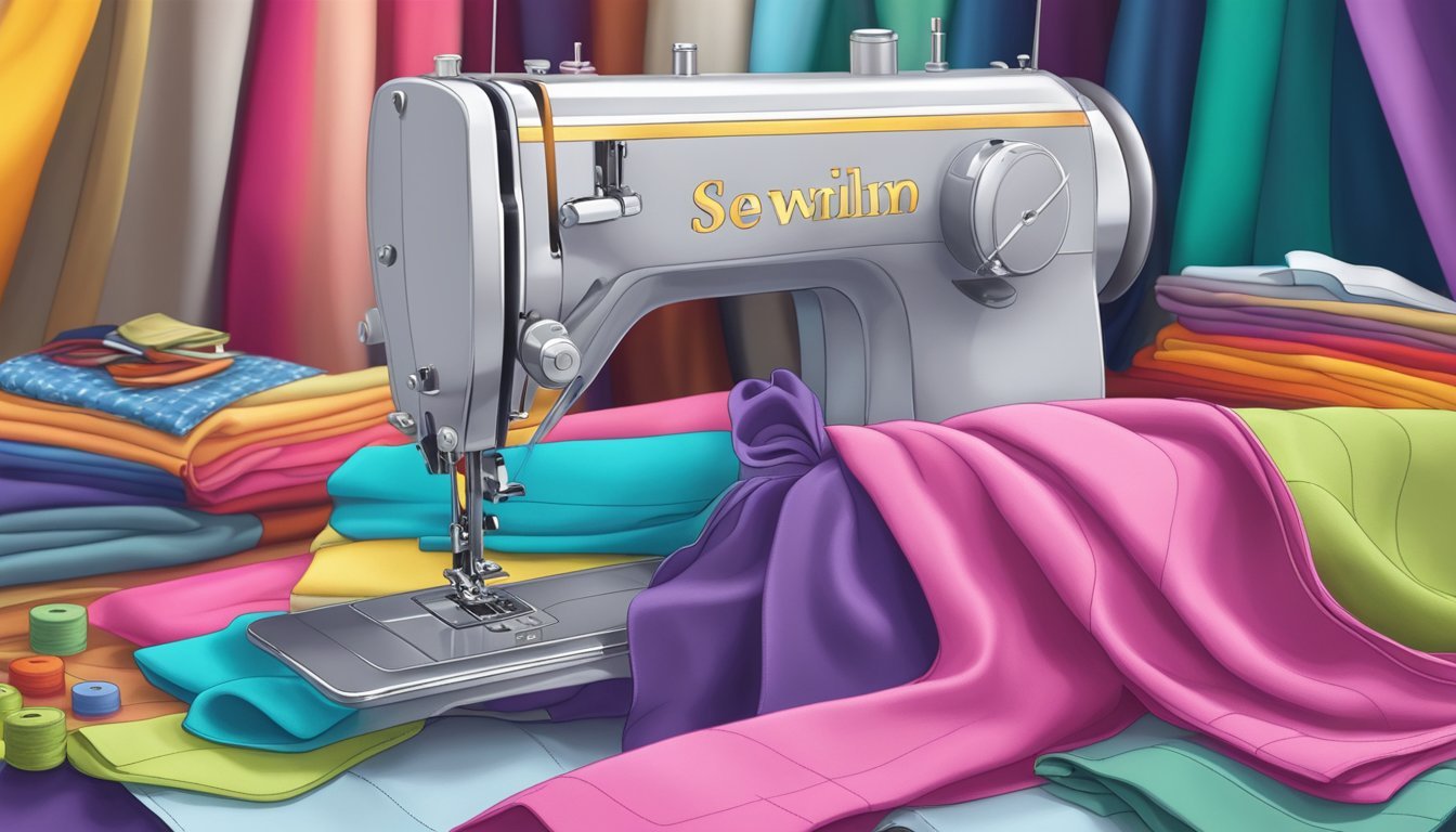 A sewing machine surrounded by colorful fabric, thread, and a personalized tote bag in progress