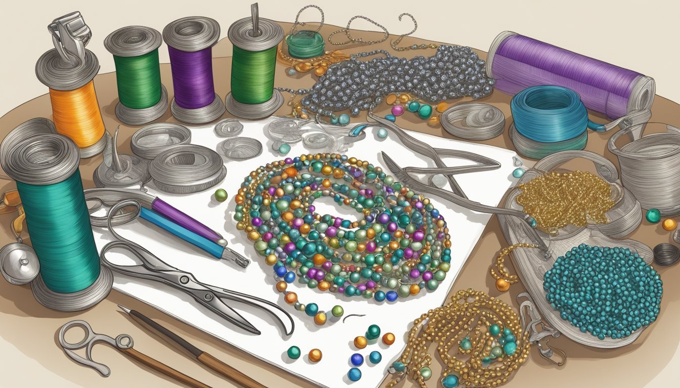 A cluttered work table with beads, wire, pliers, and a sketch of a jewelry design