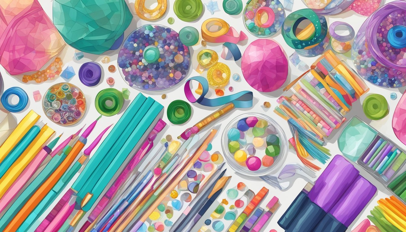 A colorful array of craft supplies neatly organized on a table, including ribbons, beads, stickers, and glitter pens