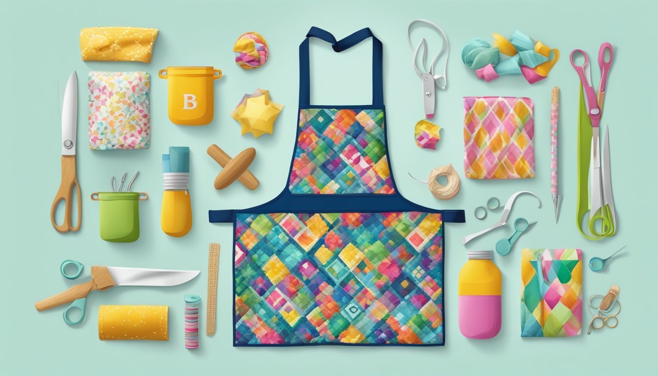 A colorful apron with a large monogrammed letter, surrounded by sewing supplies and finished personalized gifts