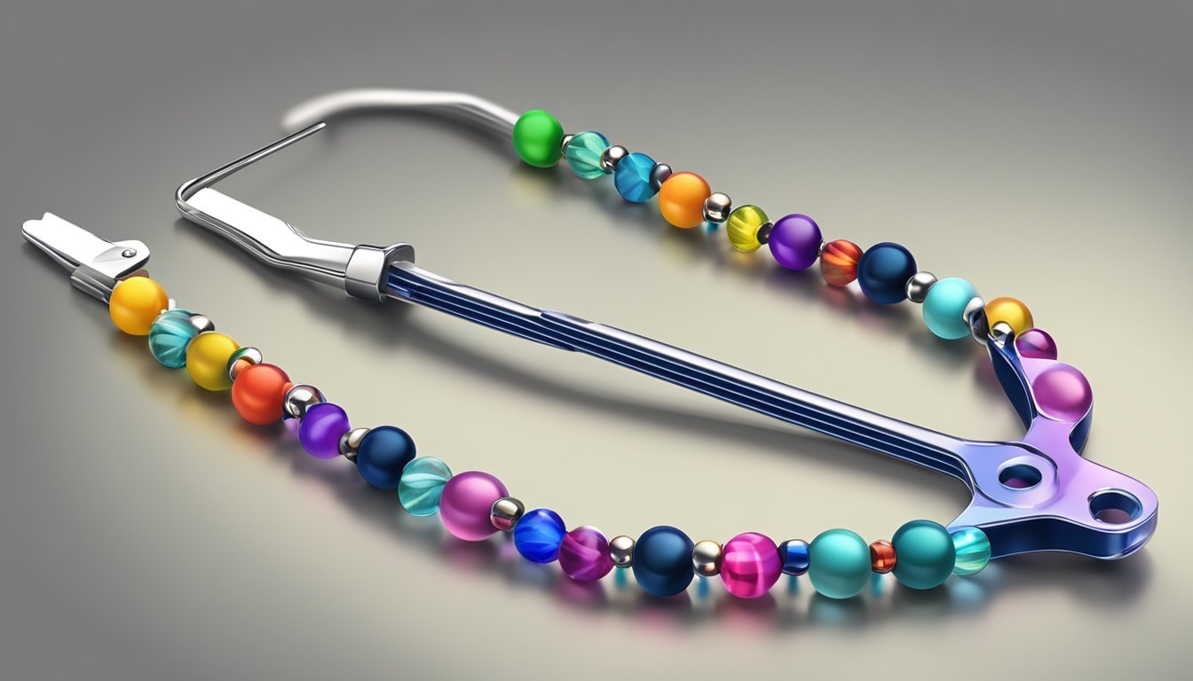 A pair of pliers holds a thin wire, threading colorful beads onto it to create a simple bracelet