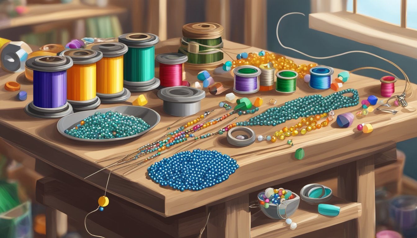 A table scattered with colorful beads, spools of wire, and jewelry-making tools.</p><p>Dangly earrings in progress hang from a stand