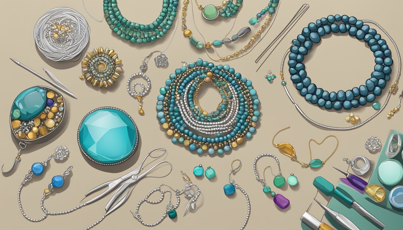 A work surface with assorted beads, wire, and jewelry-making tools arranged for creating a statement necklace through layering