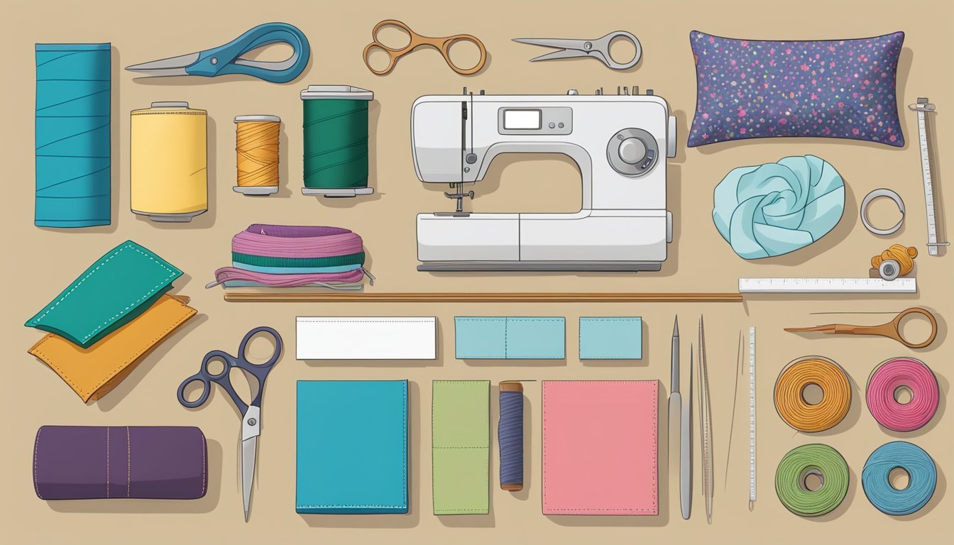 A table with various sewing tools and materials, including scissors, needles, thread, and fabric.</p><p>Next to it, five completed personalized sewing projects such as pillows, bags, and clothing items