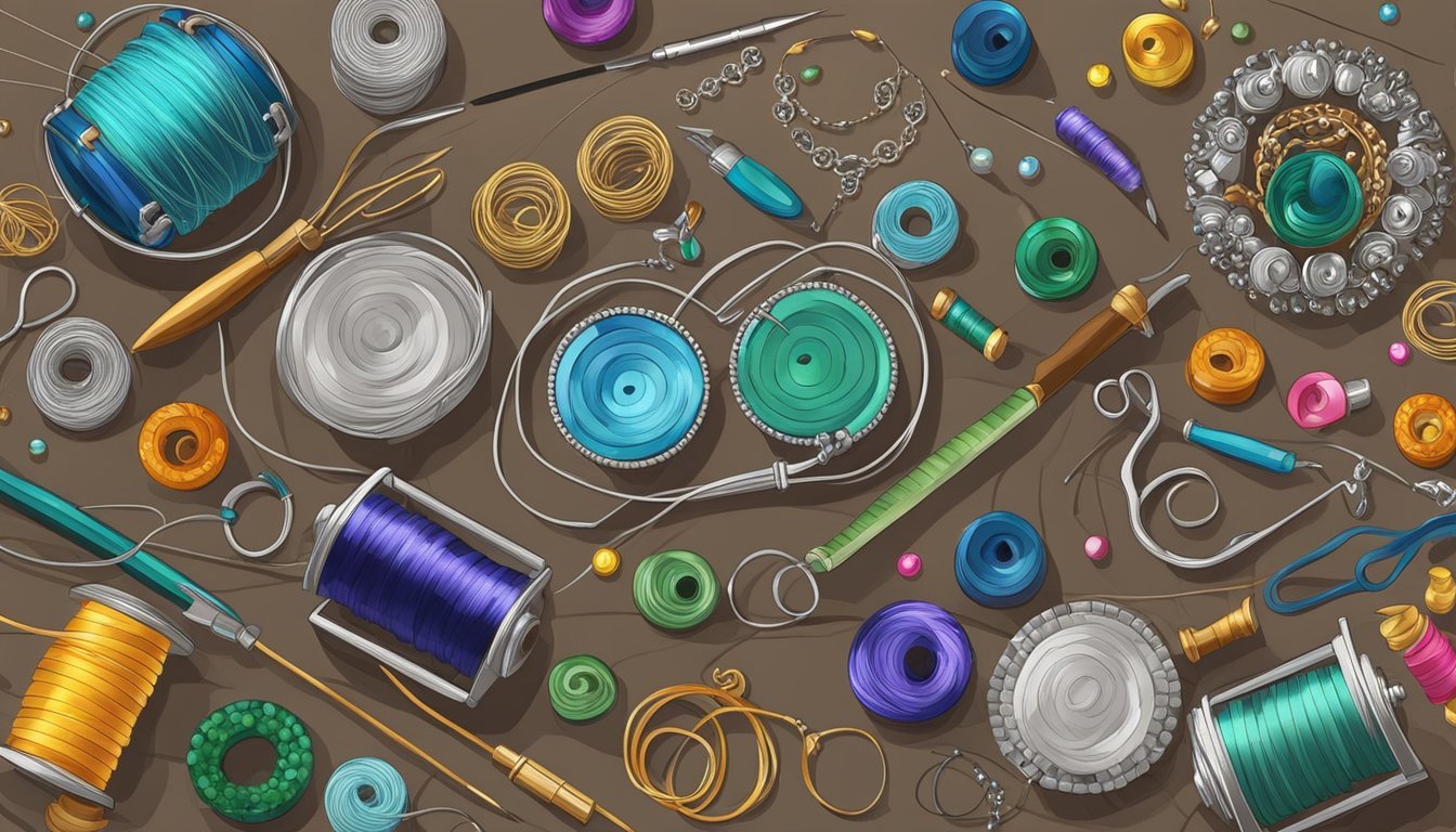 A table with colorful beads, spools of wire, and jewelry-making tools laid out for a DIY project