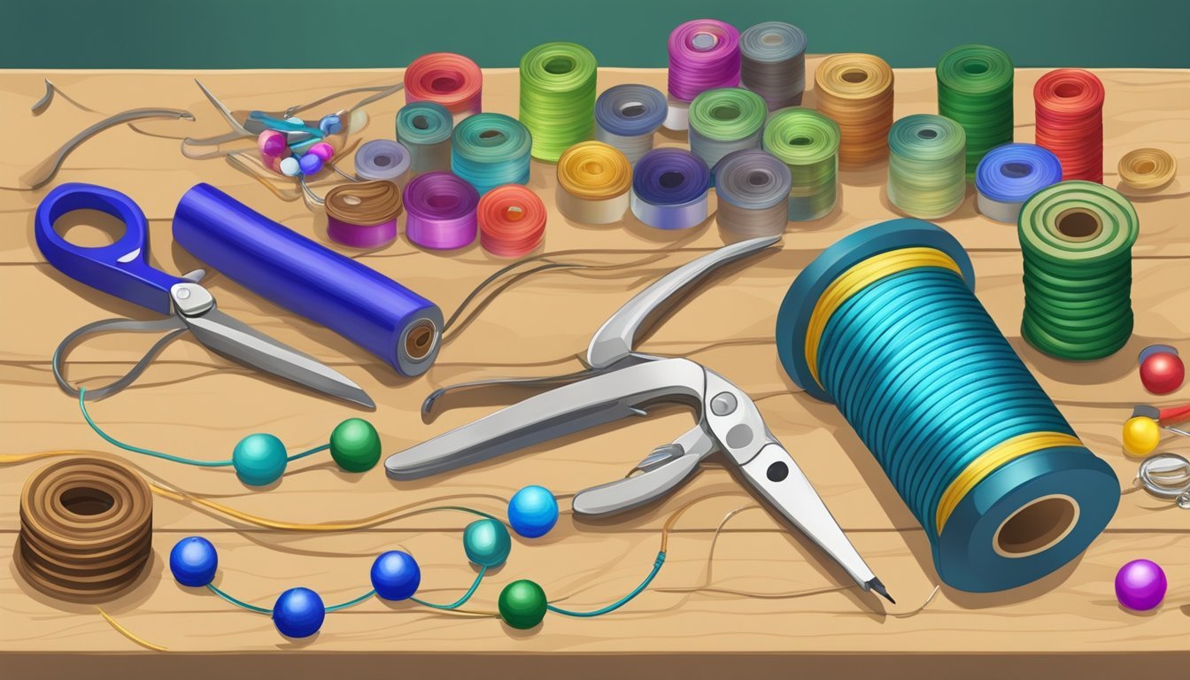 A worktable with colorful beads, spools of wire, pliers, and a finished piece of handmade jewelry