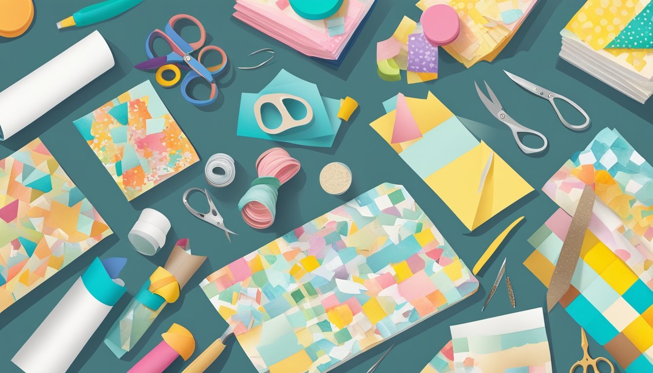 A table scattered with colorful patterned paper, scissors, glue, and various crafting materials