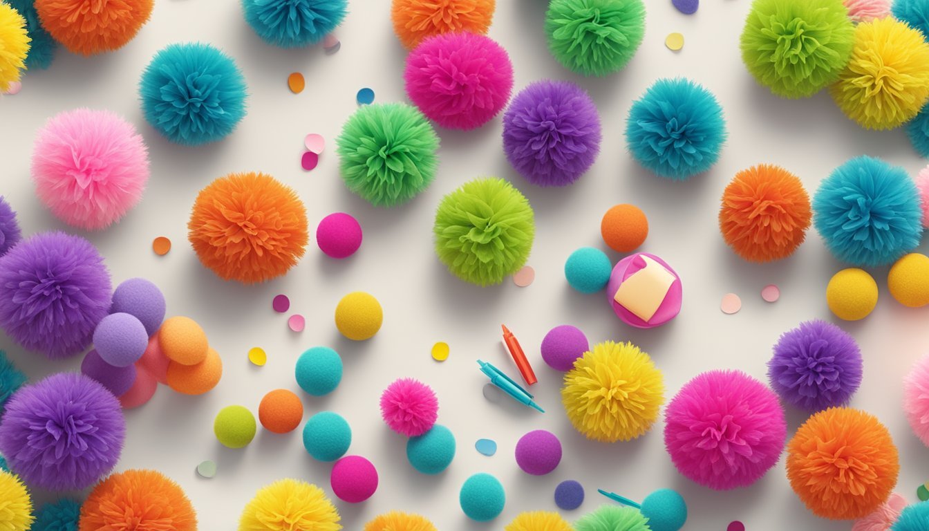 A colorful array of pom-poms scattered around a table with various craft supplies