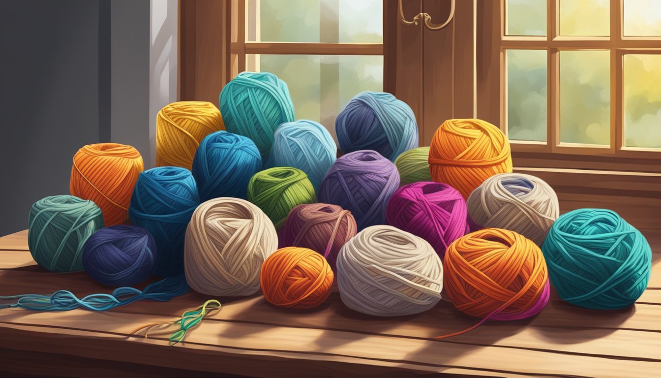 A colorful array of yarn skeins arranged on a wooden table, with natural light streaming in from a nearby window