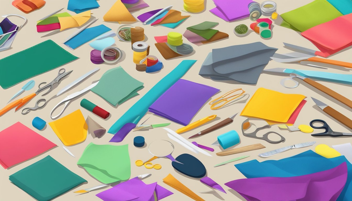 A table strewn with colorful fabric patches, scissors, and glue, ready to be added to craft kits
