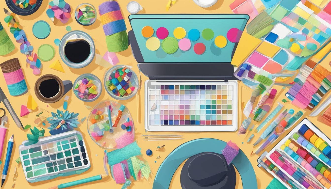 A table scattered with craft supplies and kits, with colorful stickers and embellishments arranged in a playful and eye-catching manner