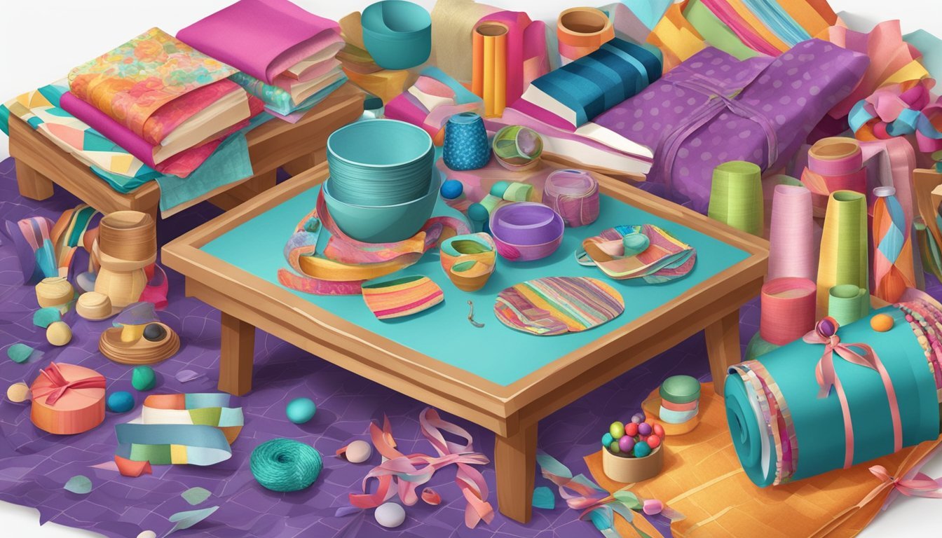 A table scattered with various base materials and craft supplies, including colorful fabrics, beads, ribbons, and decorative papers