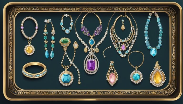 Jewelry collection of necklaces, earrings, and a ring, displayed on a tray