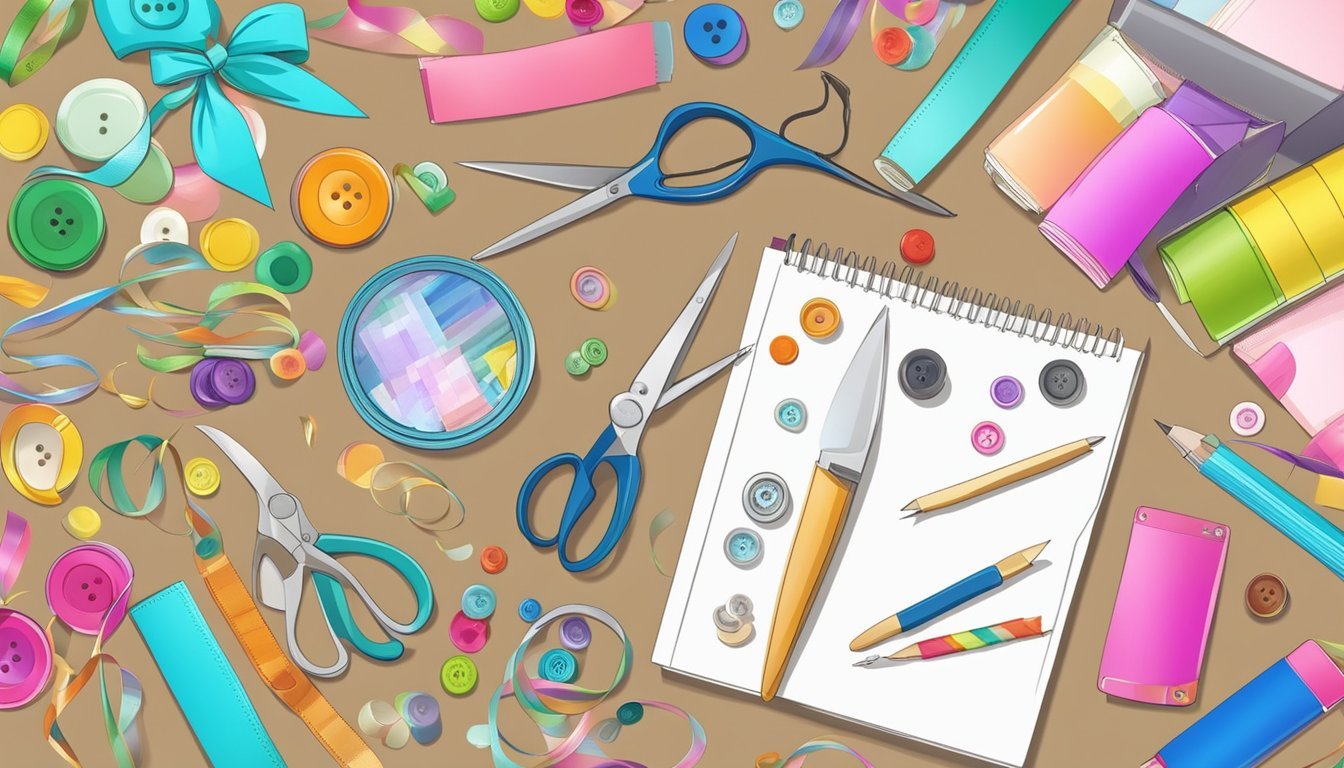 A table scattered with craft supplies, including colorful ribbons, buttons, and stickers.</p><p>A pair of scissors and glue sit nearby, ready for use