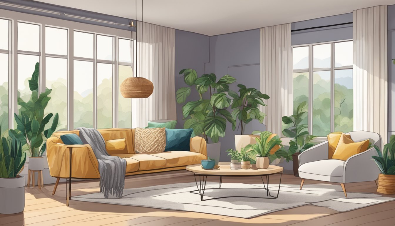 Cozy living room with yellow sofa, plants, and large windows