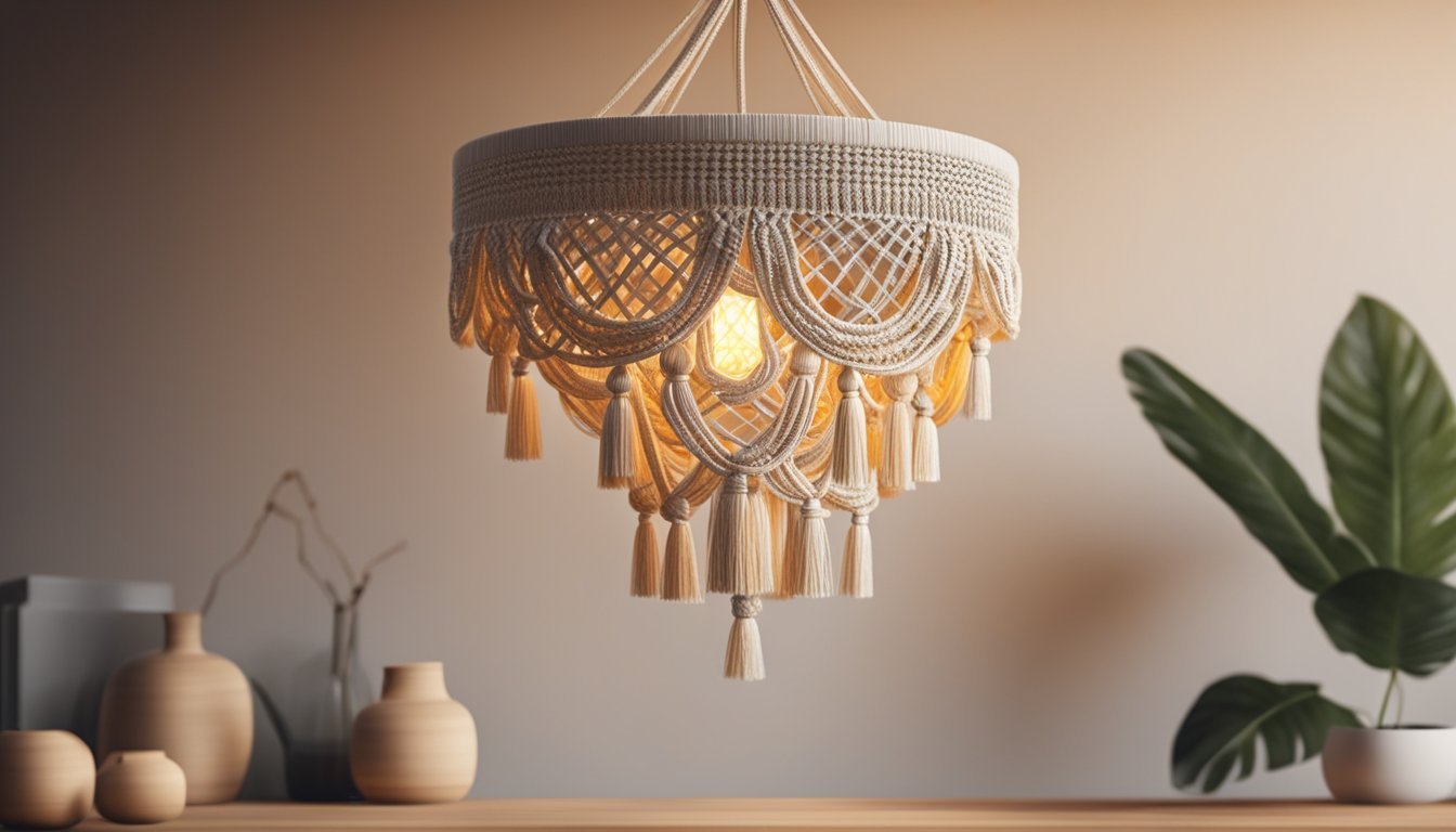 A cozy lampshade emits warm light, adorned with modern macramé knots and hanging in a stylish home interior