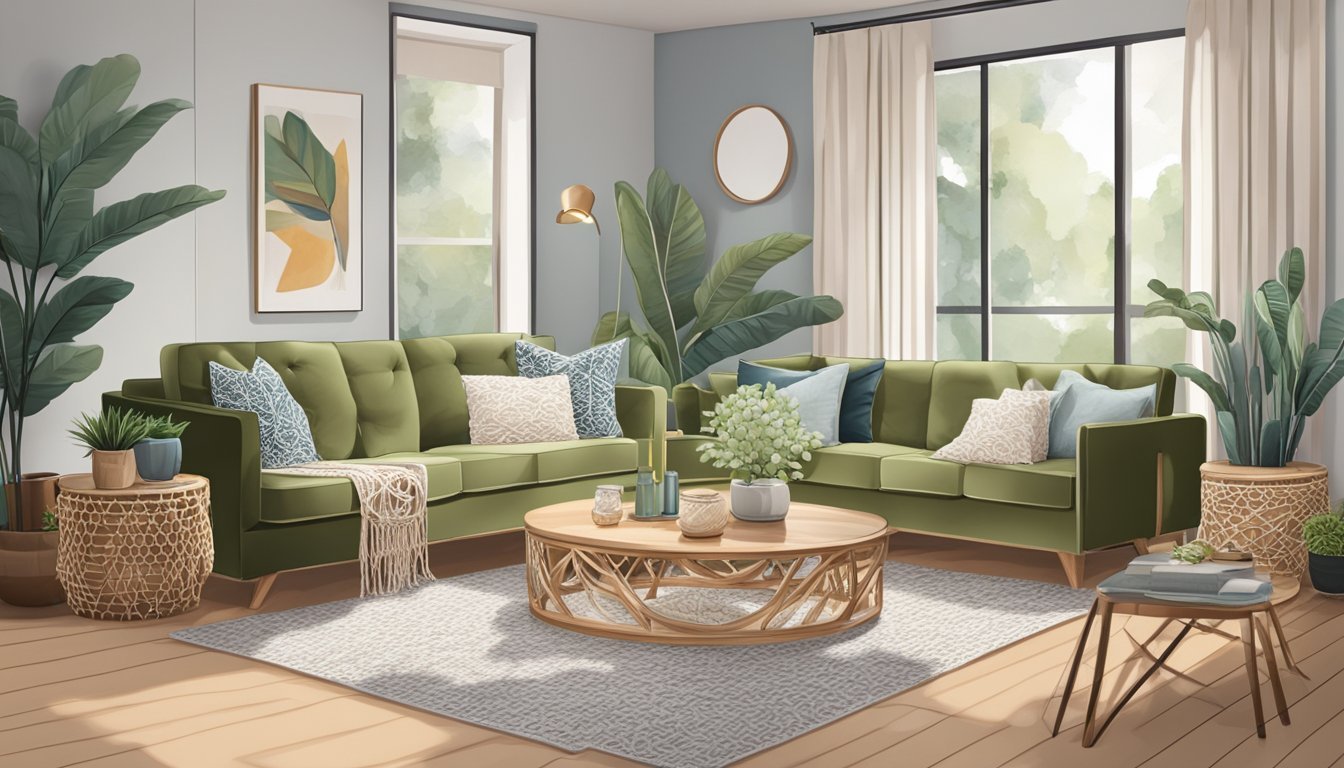 A cozy living room with a modern sofa adorned with macramé pillows, adding a stylish and comfortable touch to the home décor
