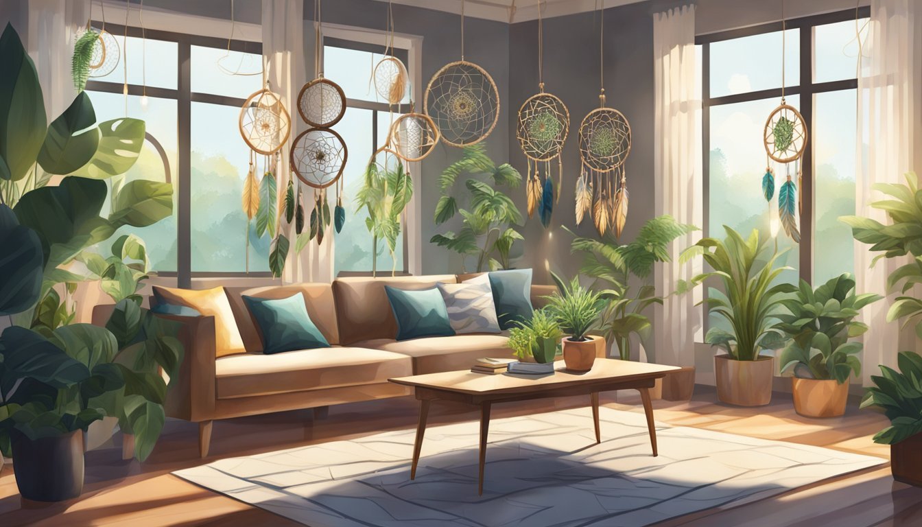 A cozy living room with dream catchers hanging from the ceiling, sunlight streaming through the windows, and plants adding a touch of greenery to the modern decor