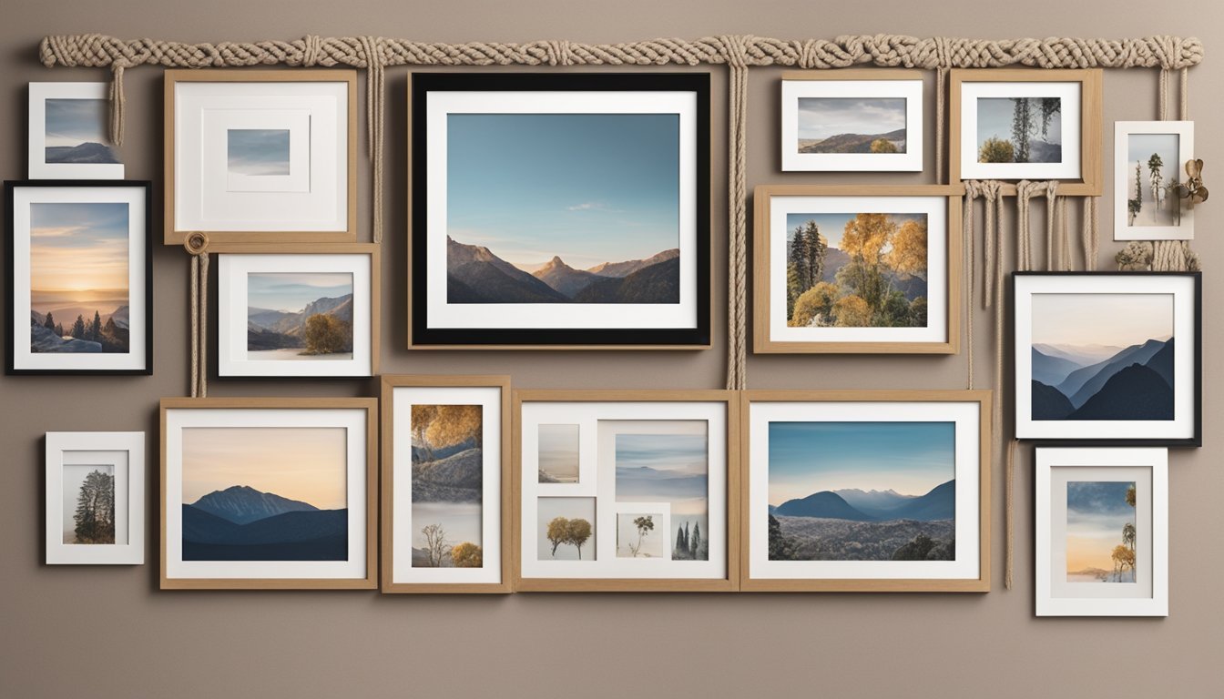 A macramé photo display hangs on a wall, showcasing memories with various sized frames and intricate knot designs