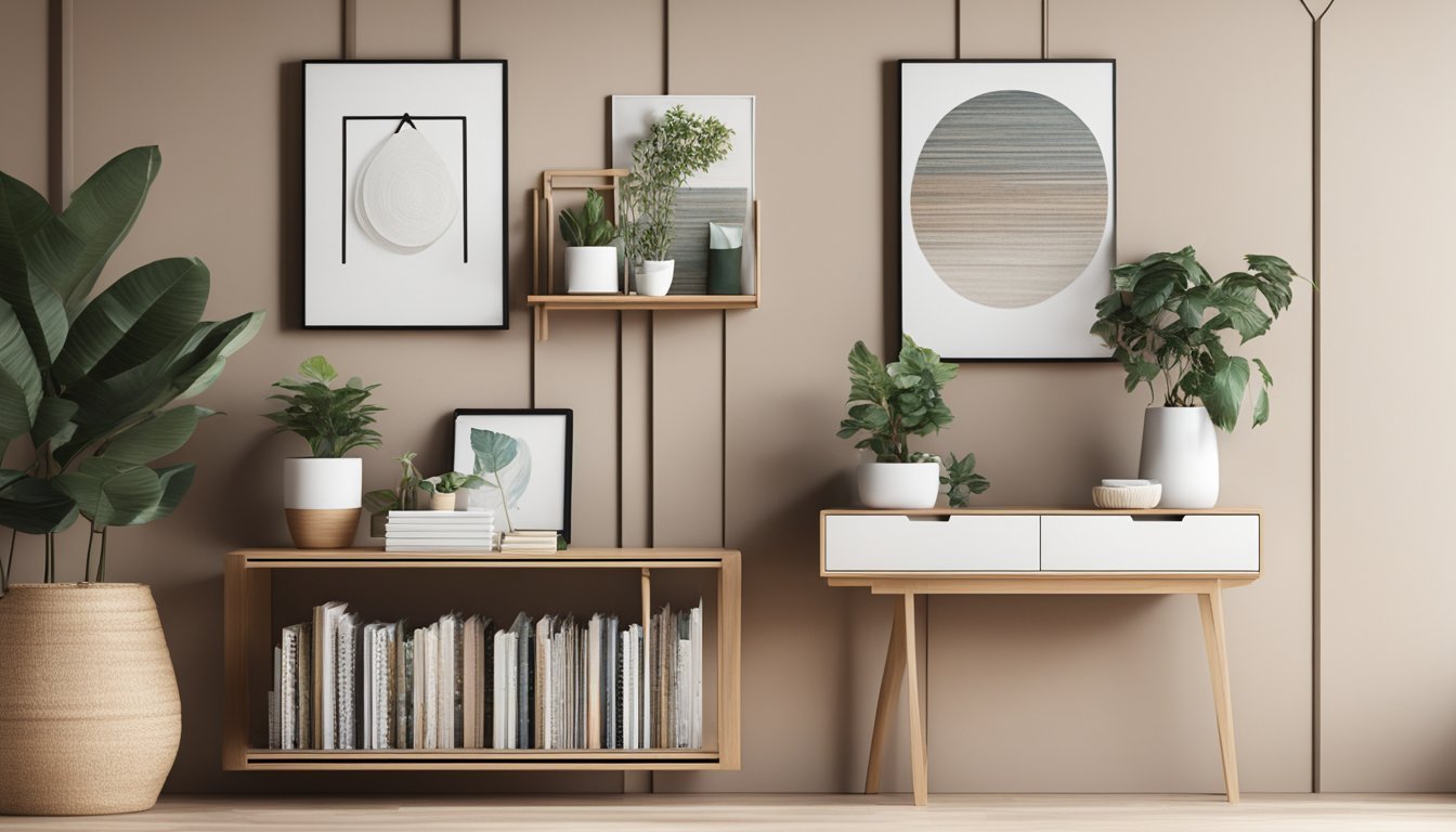 A sleek magazine rack hangs on a wall, filled with neatly organized magazines.</p><p>A macramé wall hanging in the background adds a modern touch to the stylish home decor