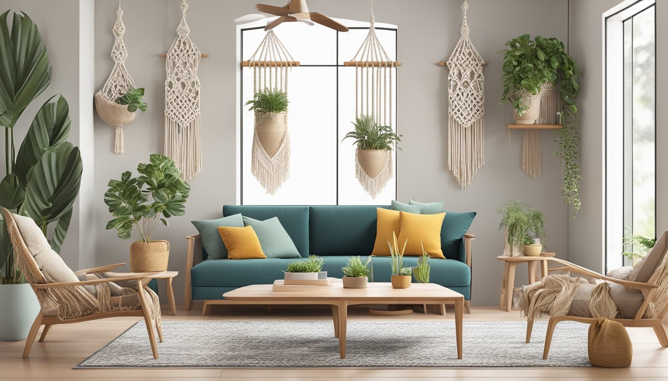 A modern living room with macramé wall hangings, plant hangers, and throw pillows, showcasing the integration of macramé techniques in home décor