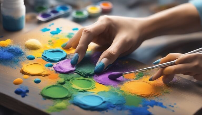 Hands with blue nails mixing colorful pigments on a palette