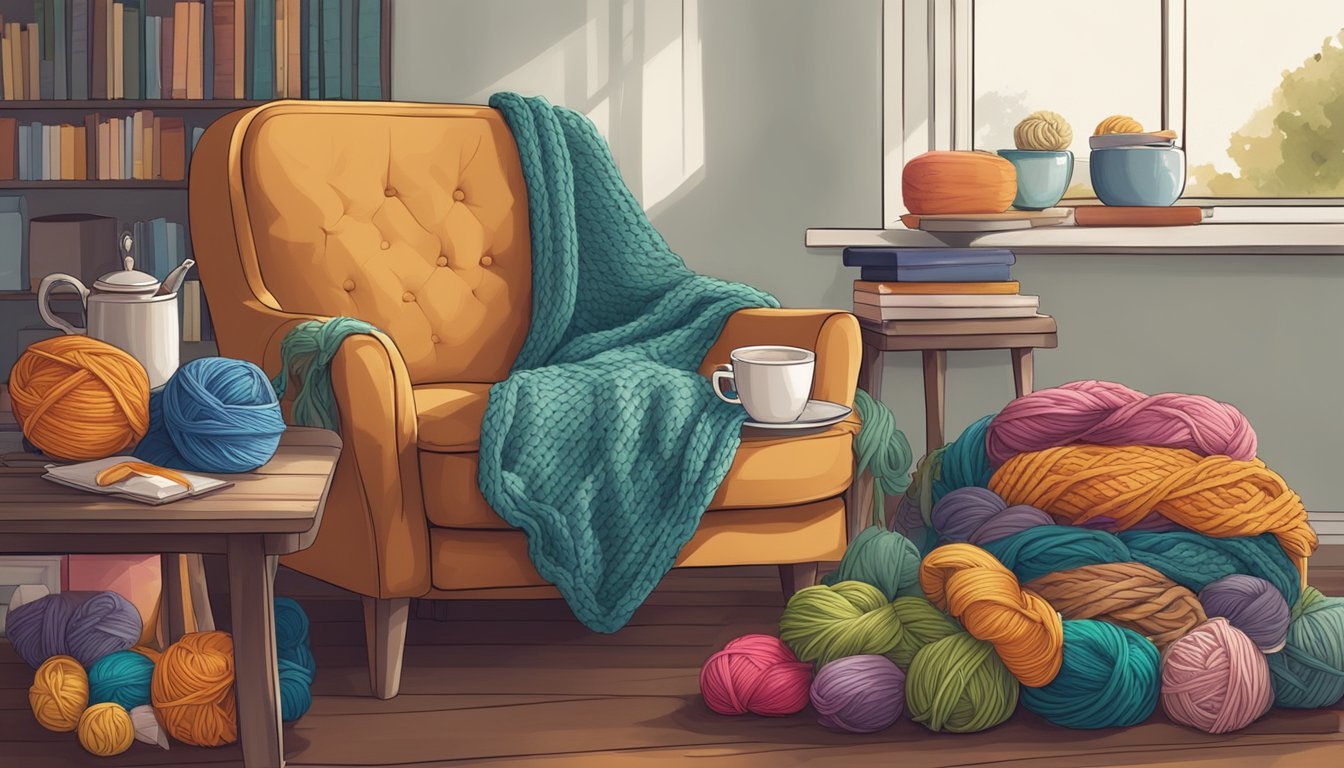 A cozy armchair surrounded by colorful skeins of yarn, knitting needles, and various knitting projects in progress, with a warm cup of tea nearby