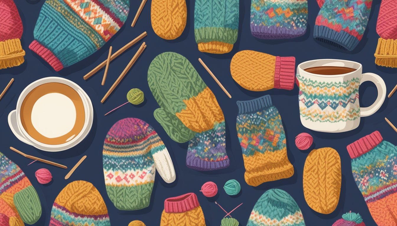 A cozy pair of Fair Isle mittens surrounded by colorful skeins of yarn and knitting needles, with a cup of tea nearby