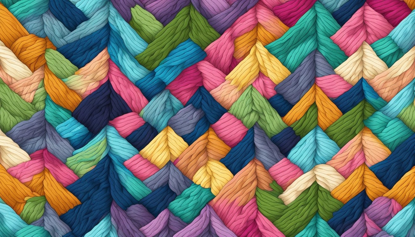 A cozy chevron baby blanket in various colors and patterns, surrounded by knitting needles and yarn skeins