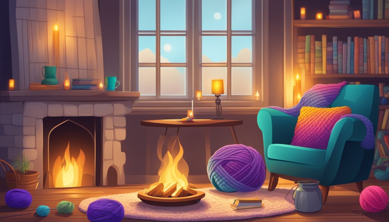 A cozy living room with a crackling fire, a comfortable armchair, and a table strewn with colorful yarn and knitting needles