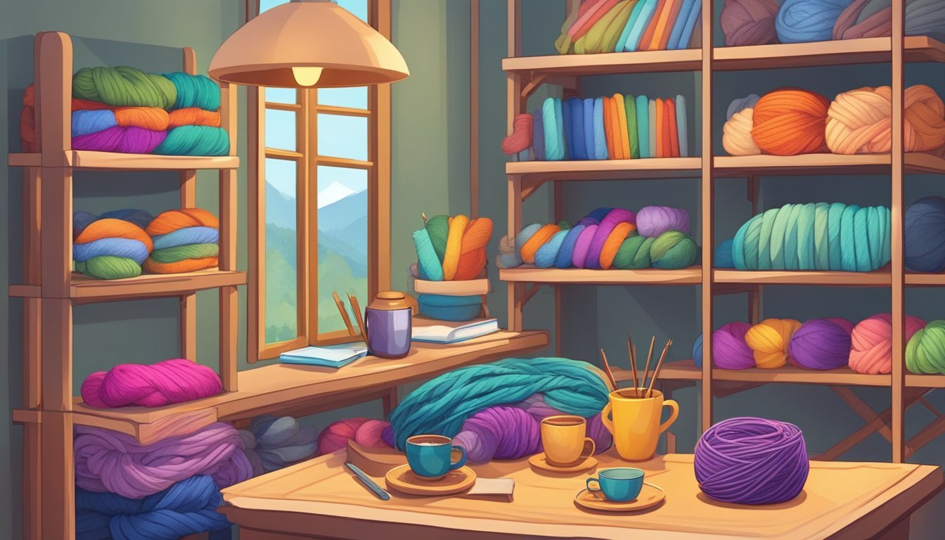 A cozy, well-lit room with shelves of colorful yarn, knitting needles, and finished projects displayed.</p><p>A table holds a pattern book and a cup of tea