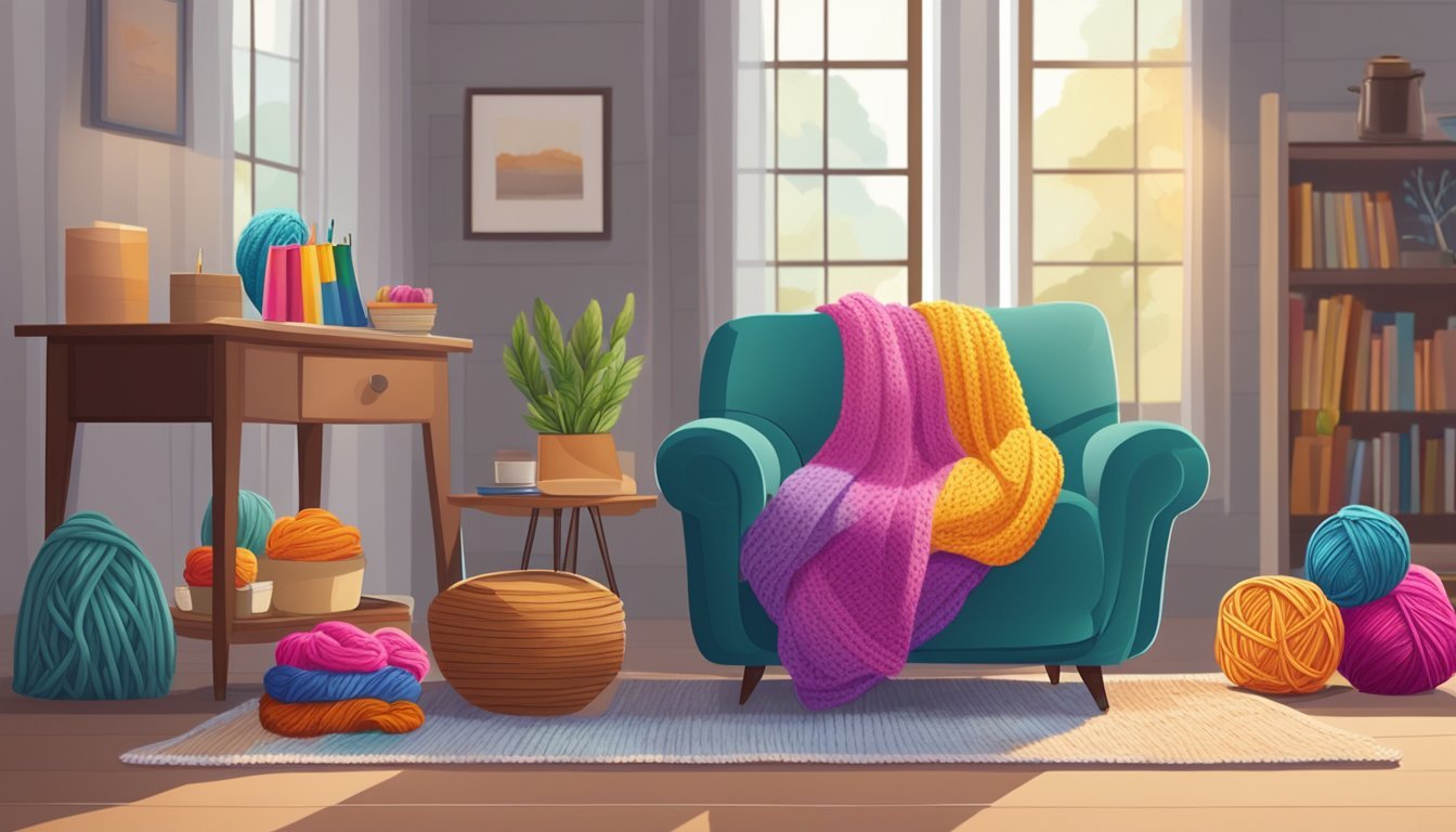 A cozy living room with a comfortable armchair, a basket of colorful yarn, knitting needles, and a finished knitted project displayed on a table