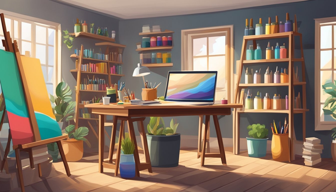 An art studio with a wooden easel holding paint supplies and brushes, surrounded by shelves of art materials and a comfortable workspace
