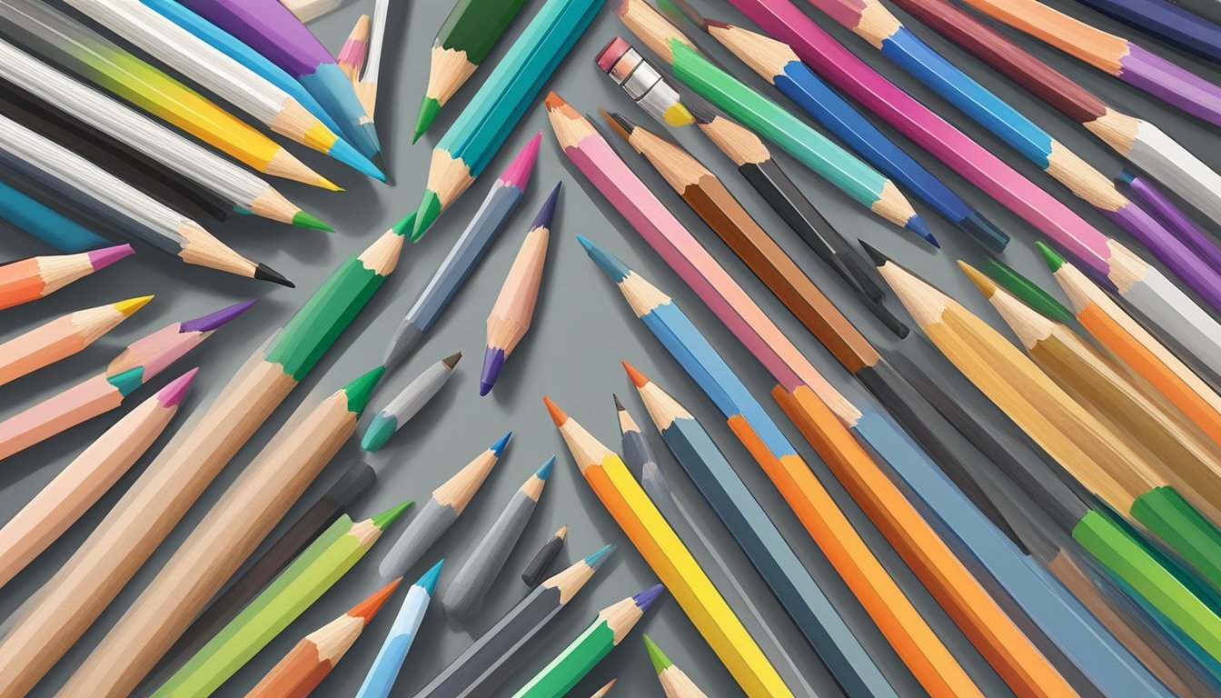 A set of Prismacolor Premier Colored Pencils arranged neatly on a clean, well-lit art studio desk, surrounded by other art supplies and tools