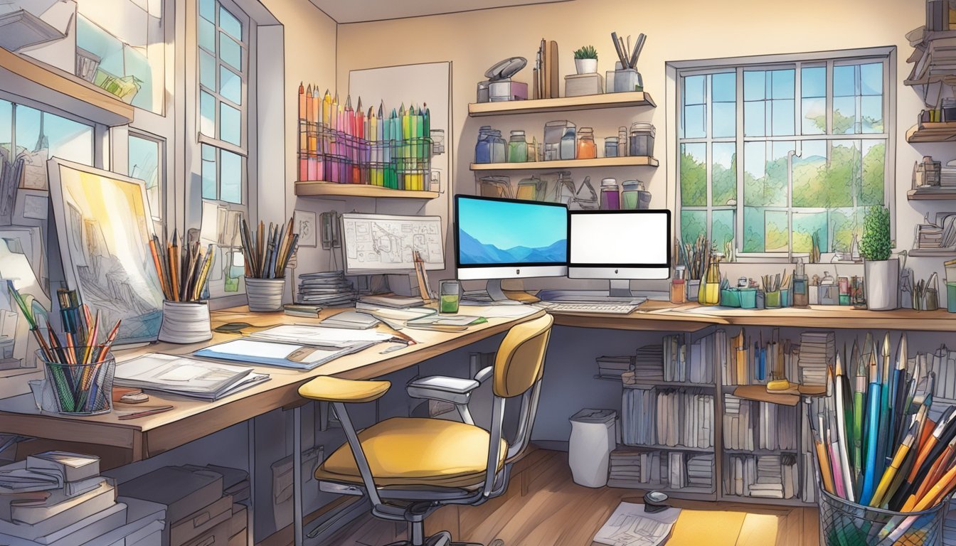 A cluttered art studio with new Faber-Castell pens, organized on a clean desk with bright lighting and various art supplies