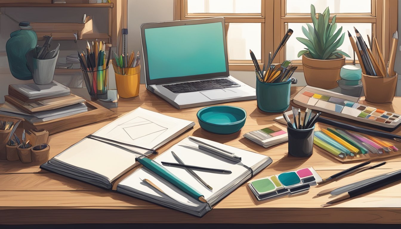 A cozy art studio with a Moleskine sketchbook open on a wooden desk, surrounded by essential art supplies and tools